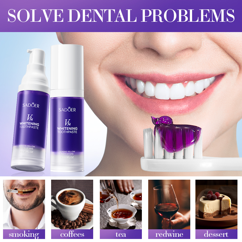 Teeth Whitening Hismile - SADOER V34 ยาสีฟันขจัดคราบสําหรับฟันสดใส, เคลือบปลอดภัยสูตร Fresh Mint