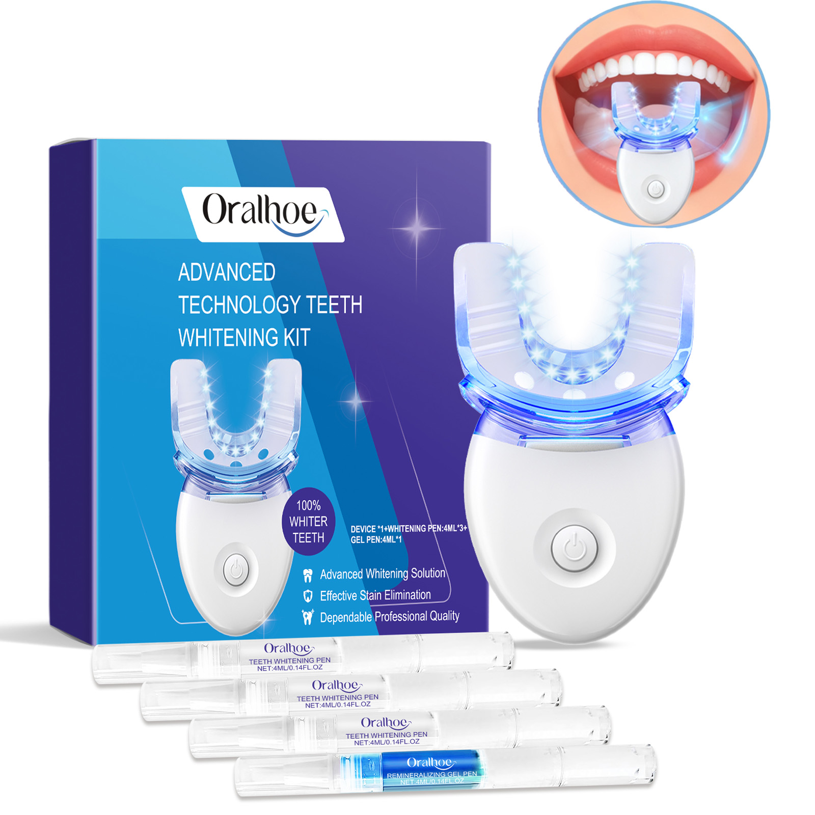 Teeth Whitening Remedies - ชุดอุปกรณ์ฟอกสีฟันแบบมืออาชีพด้วยแสง LED พร้อมเจลฟอกสีฟัน 4 เท่า ระบบเร่งการฟอกสีฟันด้วยแสงสีฟ้า